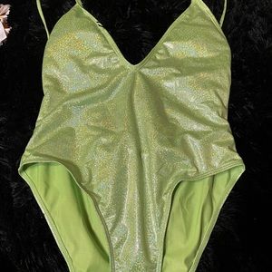 Neon green glitter one piece bathing suit low cut
